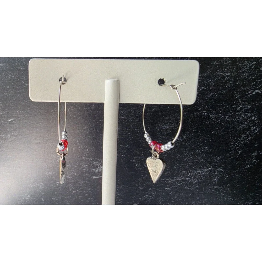 Silver Tone Metal Beaded Heart Hoop Pierce Earrings Vintage Costume Jewelry READ